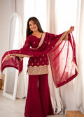 Lorenvalley Fashion Maroon Crunchy Silk with Embroidery Sequence, Dori and Zari Work Kurta Bell Bottom Pants with Dupatta | Grocsy