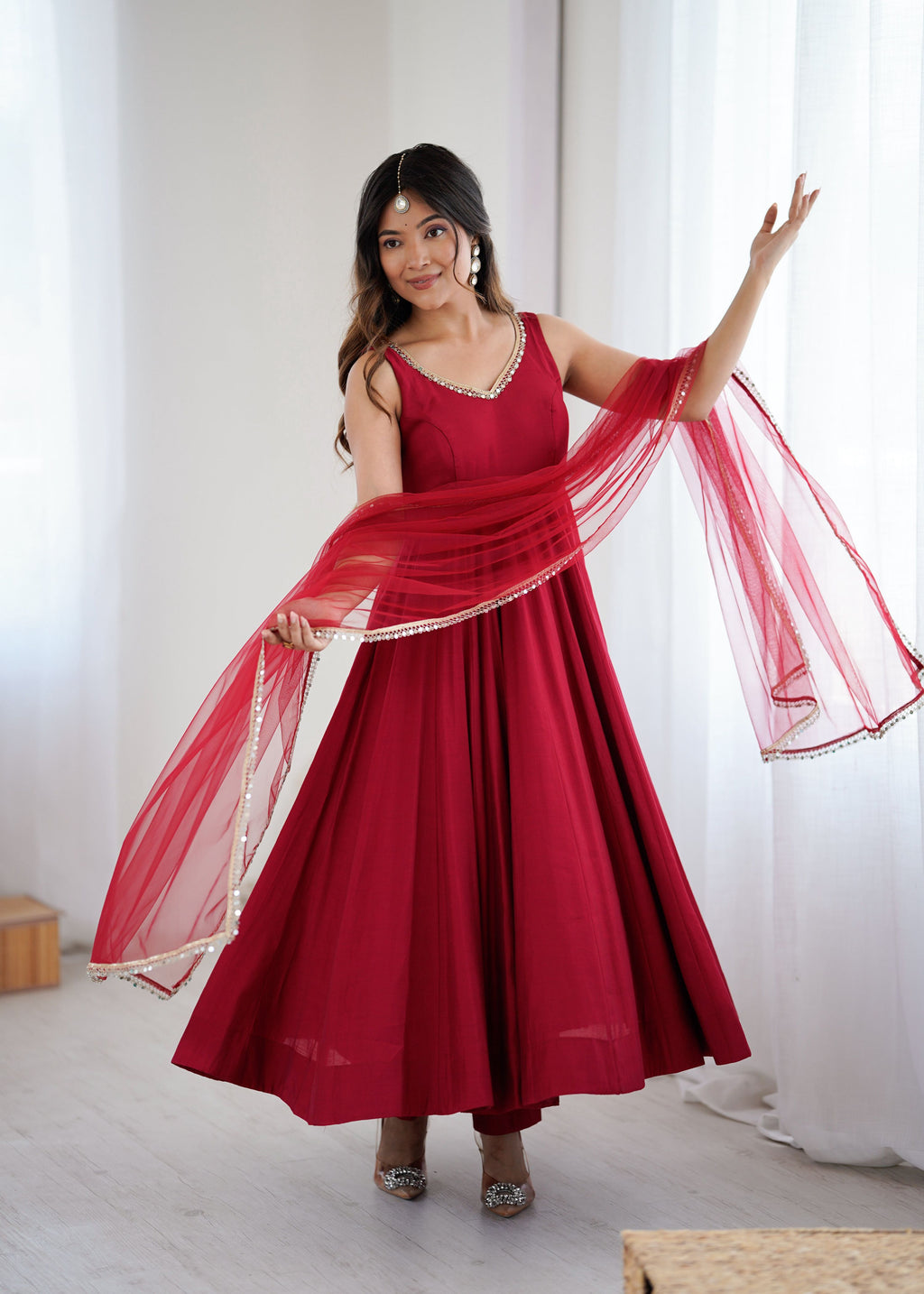 Lorenvalley Fashion Maroon Pure Romansilk Chanderi Fabric Yoke Fancy Lace Work Anarkali Kurta Pant With Dupatta Set | Grocsy