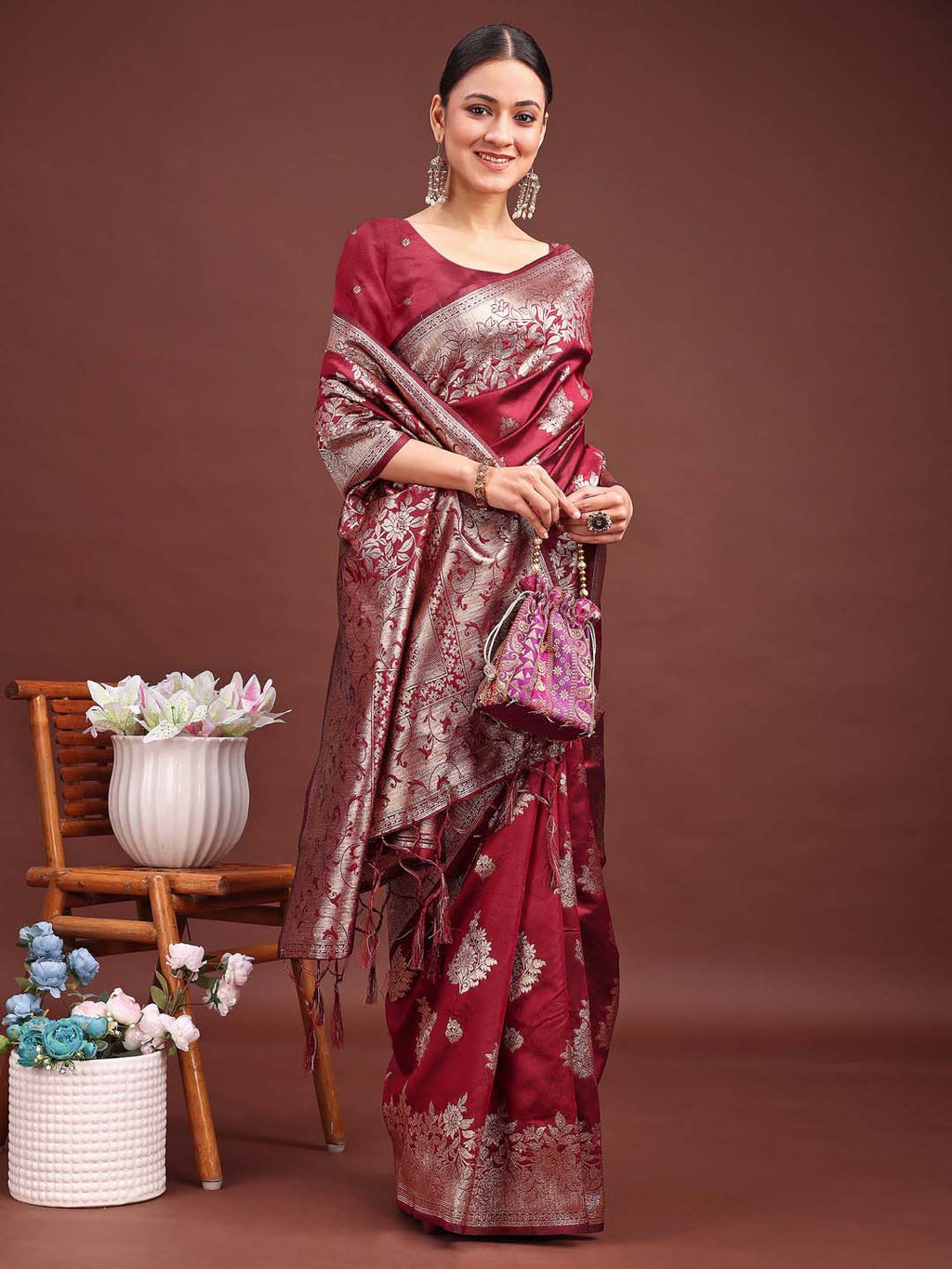 Anaita Maroon Banarasi Silk Woven Work Saree With Blouse | Grocsy