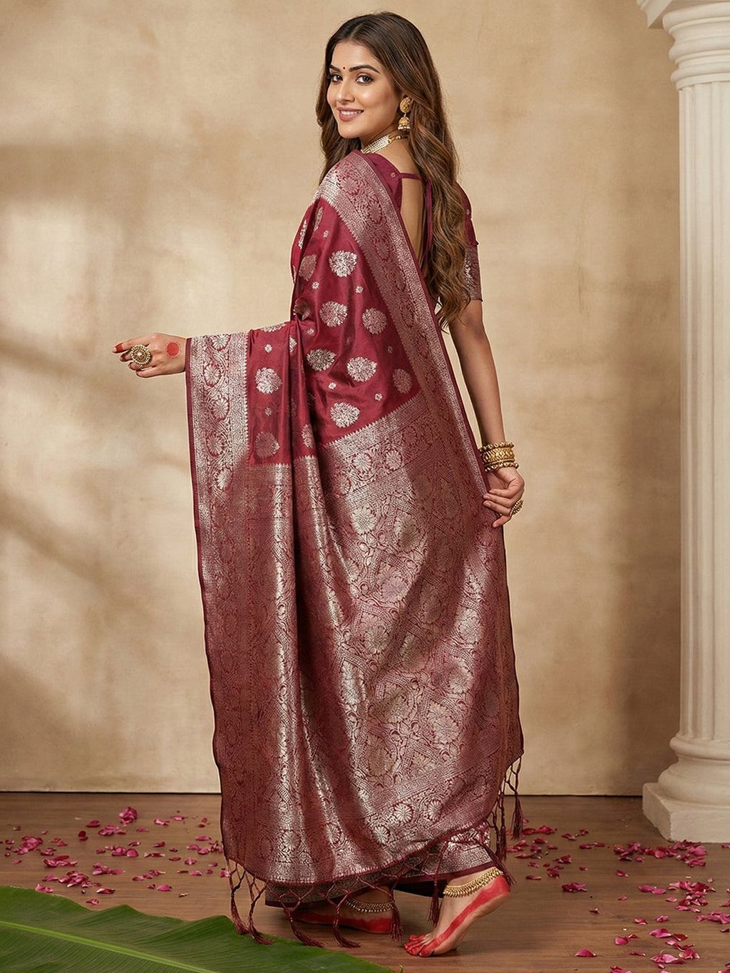 Anaita Maroon Silk Blend Woven Saree With Blouse | Grocsy