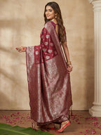 Anaita Maroon Silk Blend Woven Saree With Blouse | Grocsy