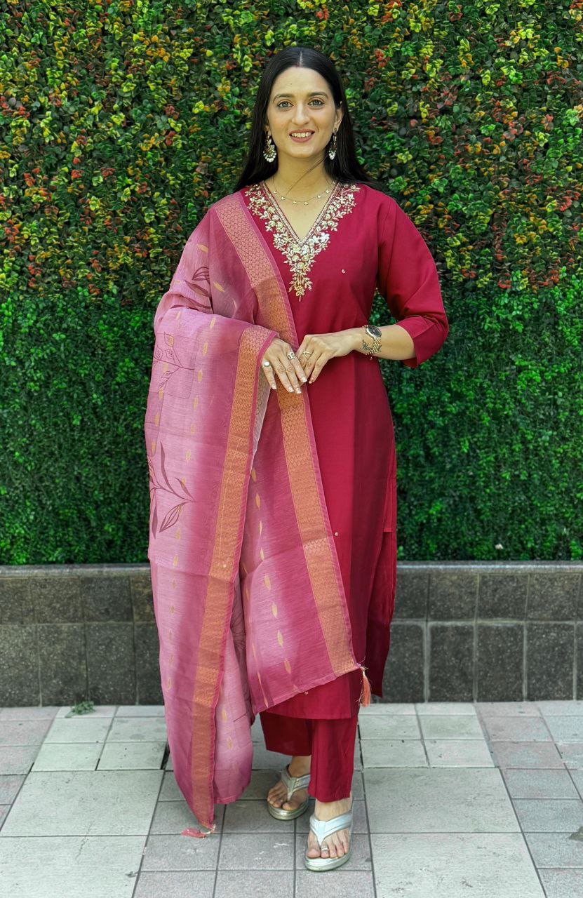 Lorenvalley Fashion Maroon Roman Silk Hand Work Kurta Pant with Dupatta | Grocsy