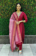 Lorenvalley Fashion Maroon Roman Silk Hand Work Kurta Pant with Dupatta | Grocsy