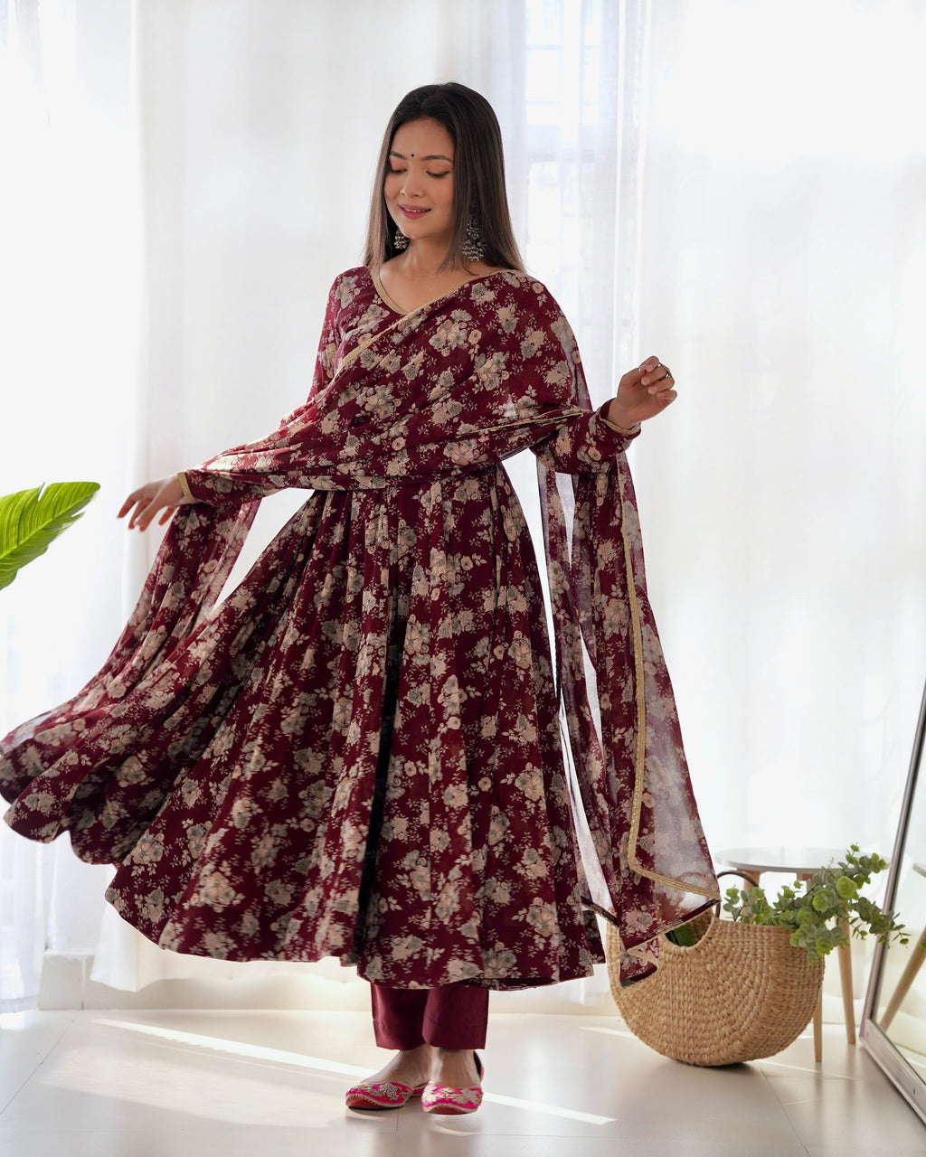 Lorenvalley Pure Faux Georgette Multi Floral Print Fully Flared Anarkali Pant With Dupatta Set - Maroon | Grocsy