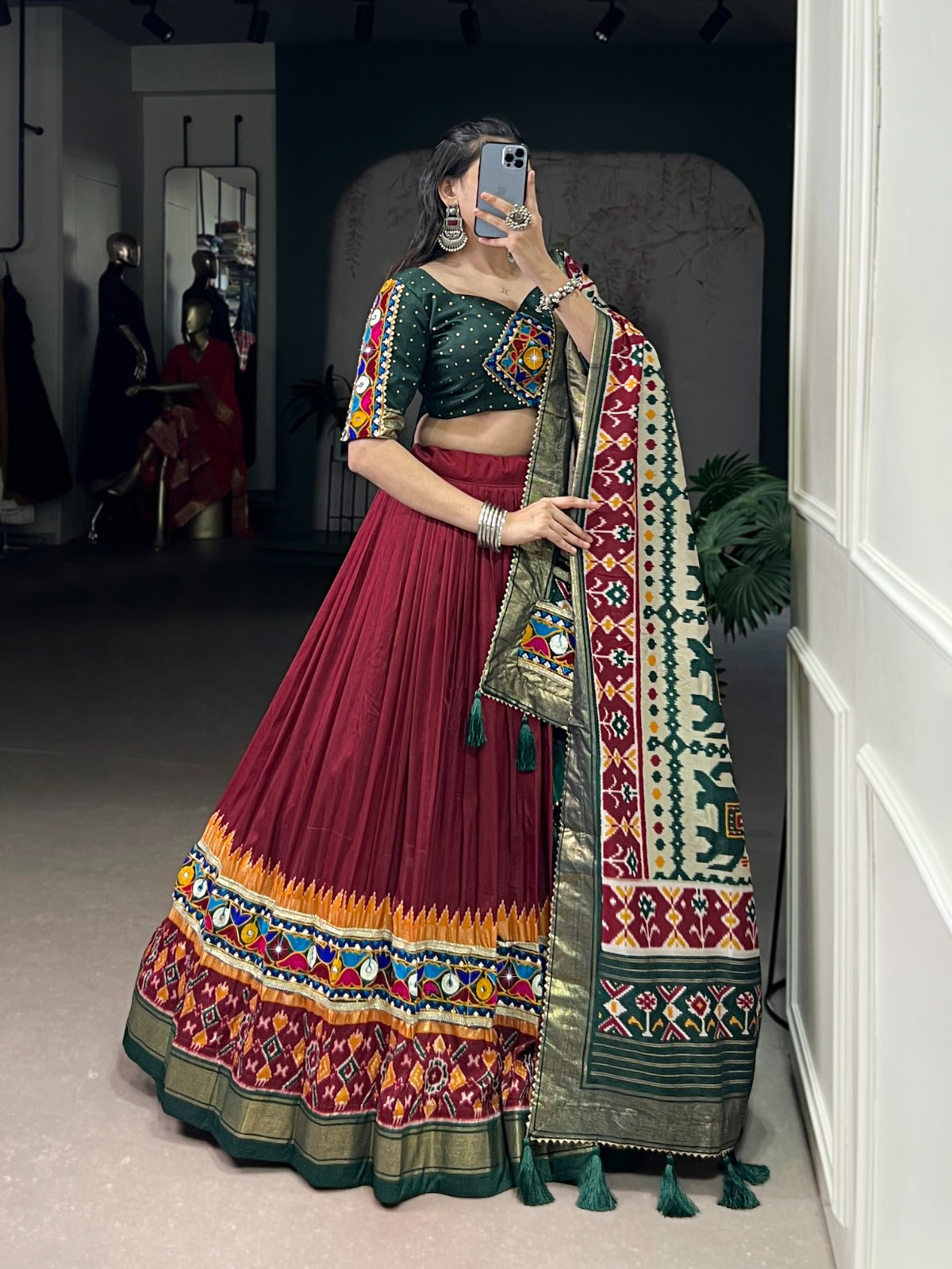 Lorenvalley Fashion Maroon Tasar Silk Print with Foil Work and Real Mirror Gamthi Work with Lace Touch Up Lehenga Choli with Dupatta | Grocsy
