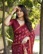 Anaita Maroon Woven Design Pure Bandhej Silk Saree With Blouse | Grocsy