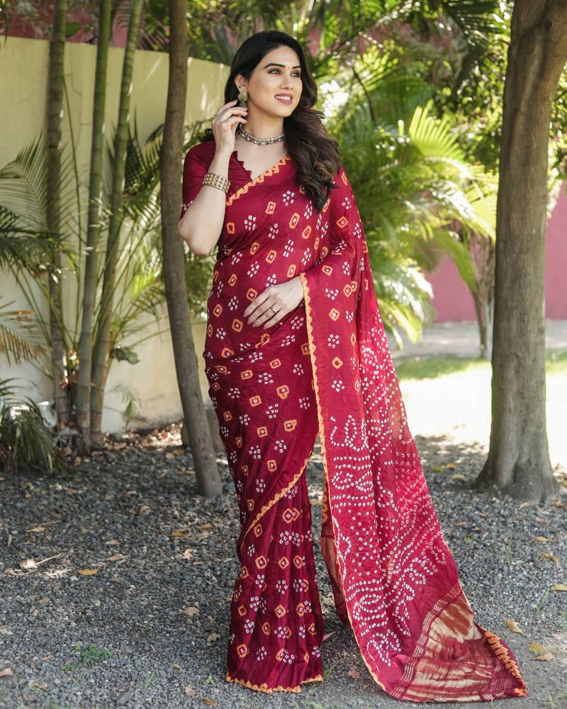 Anaita Maroon Woven Design Pure Bandhej Silk Saree With Blouse | Grocsy