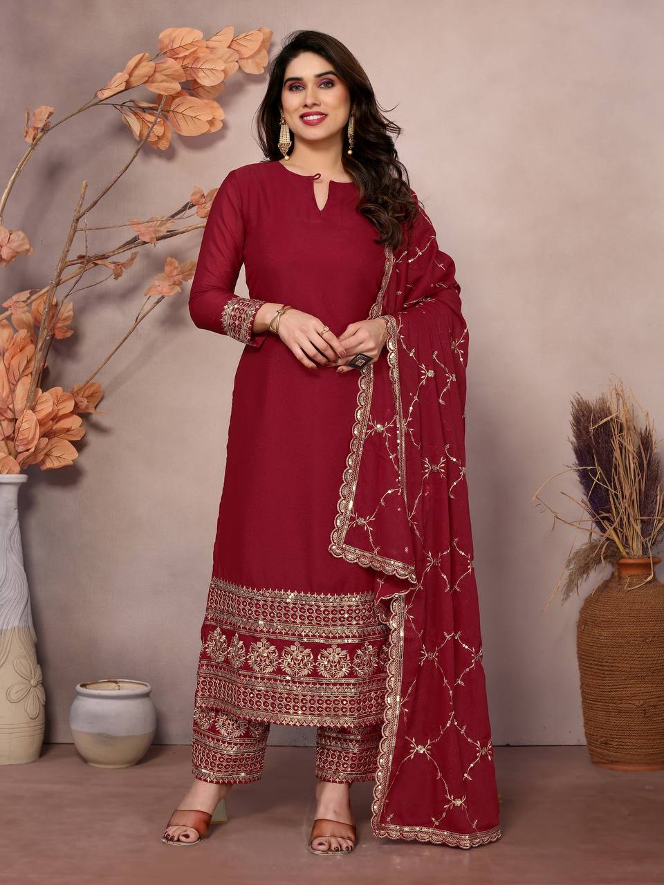 Lehenga Mart Festival maroon embroidery Ready Made kurti with pant and dupatta | Grocsy