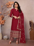 Lehenga Mart Festival maroon embroidery Ready Made kurti with pant and dupatta | Grocsy