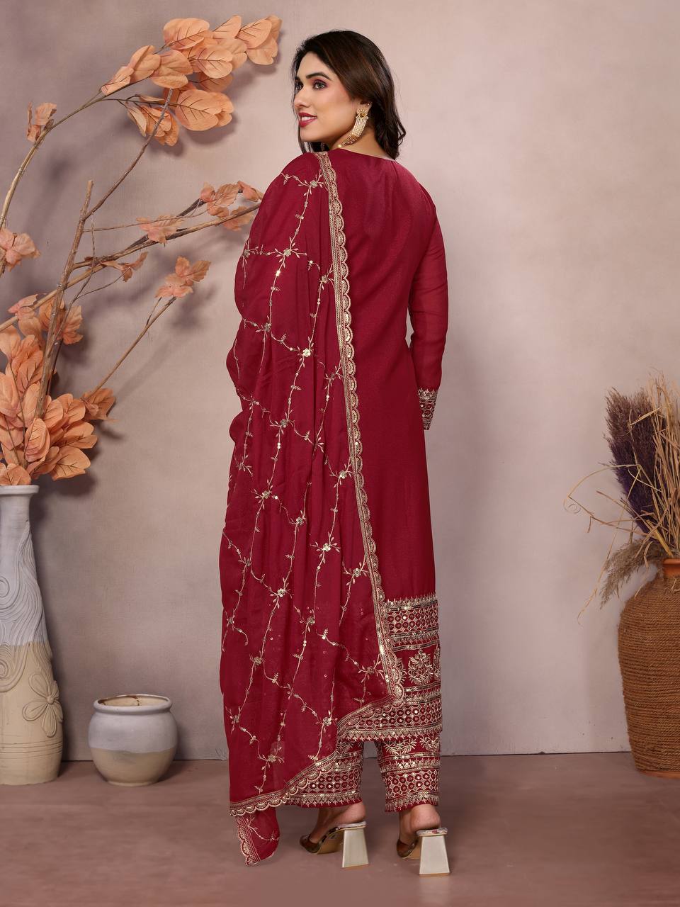 Lehenga Mart Festival maroon embroidery Ready Made kurti with pant and dupatta | Grocsy