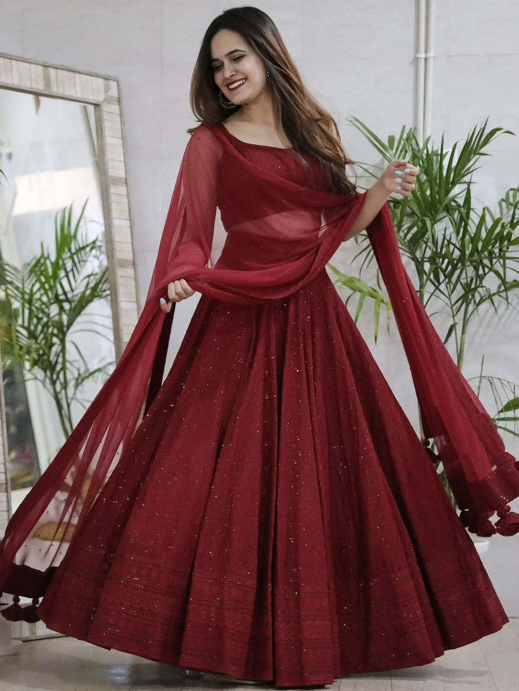 Tulsi Art Lovely Maroon Sequins Georgette Wedding Lehenga Choli With Dupatta | Grocsy