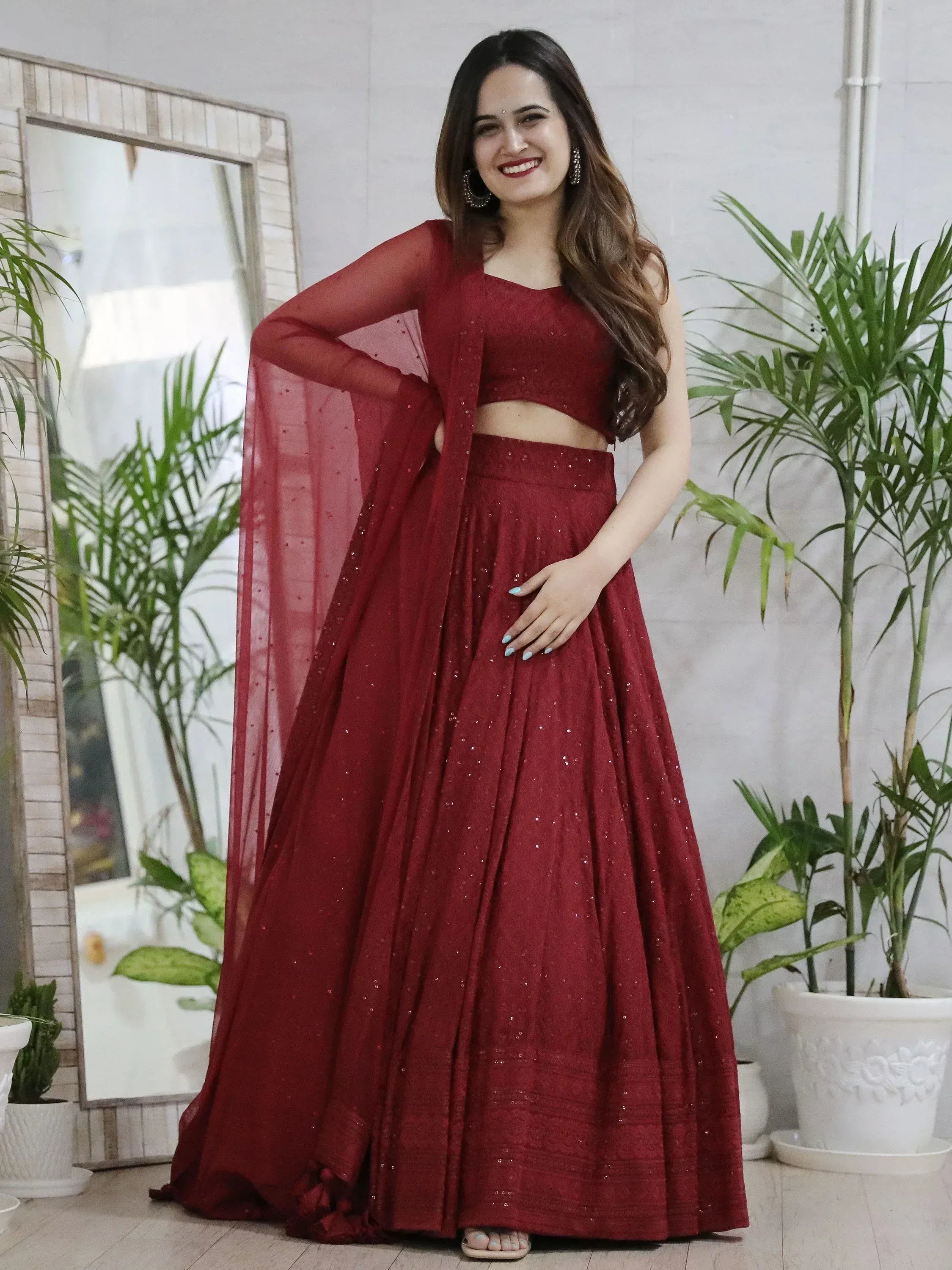 Tulsi Art Lovely Maroon Sequins Georgette Wedding Lehenga Choli With Dupatta | Grocsy