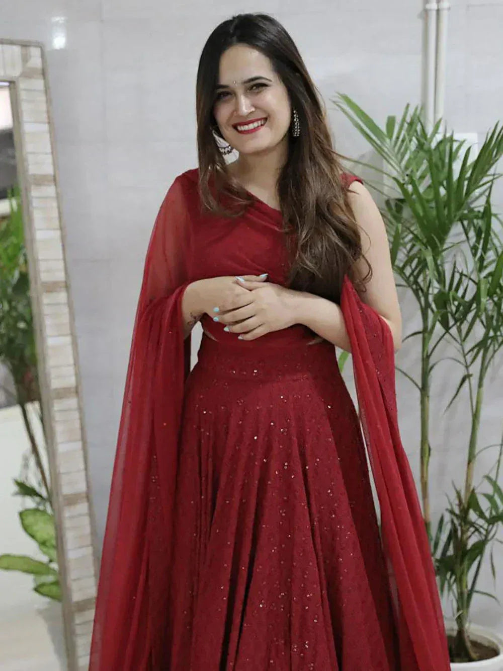 Tulsi Art Lovely Maroon Sequins Georgette Wedding Lehenga Choli With Dupatta | Grocsy