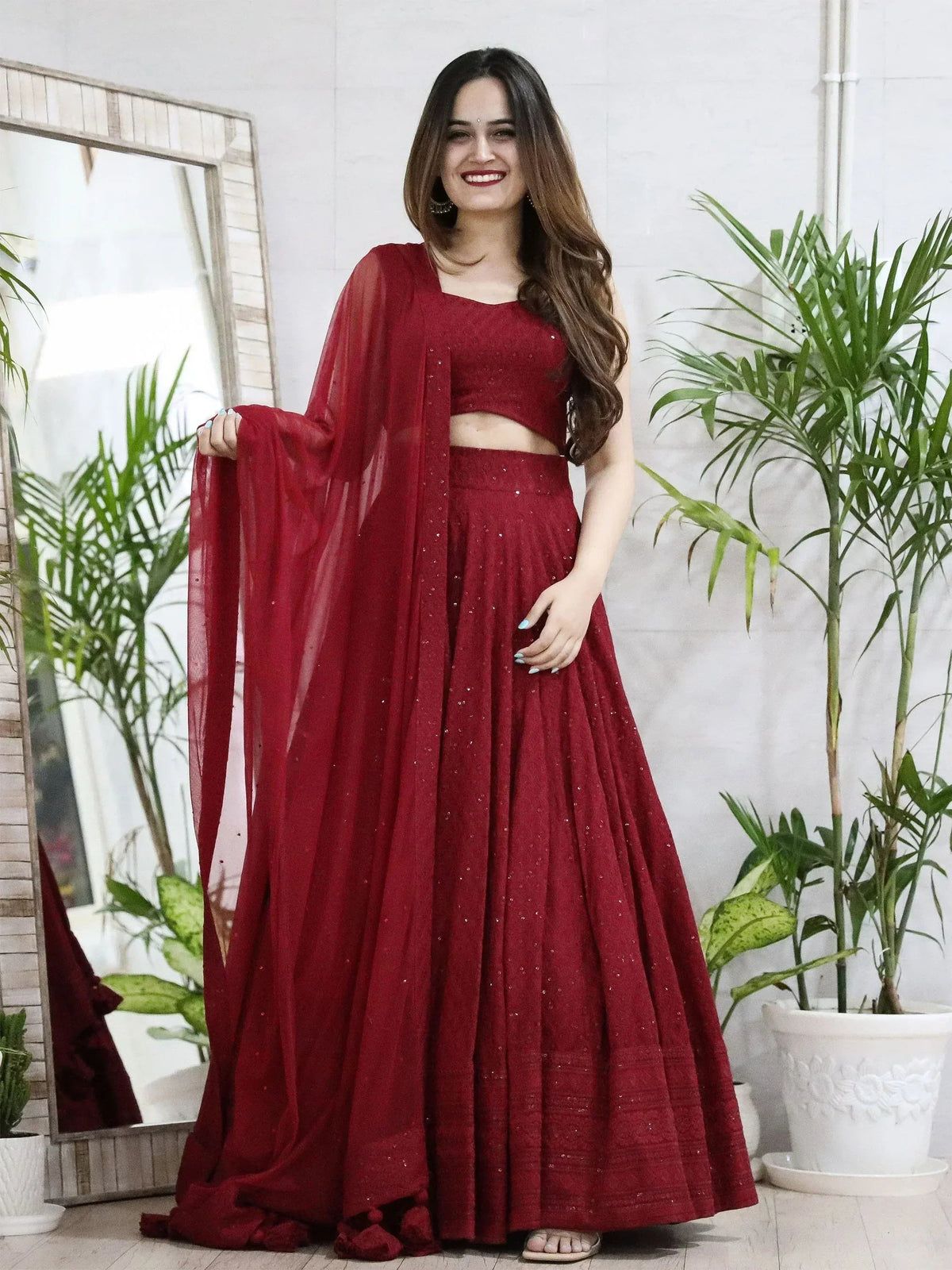 Tulsi Art Lovely Maroon Sequins Georgette Wedding Lehenga Choli With Dupatta | Grocsy