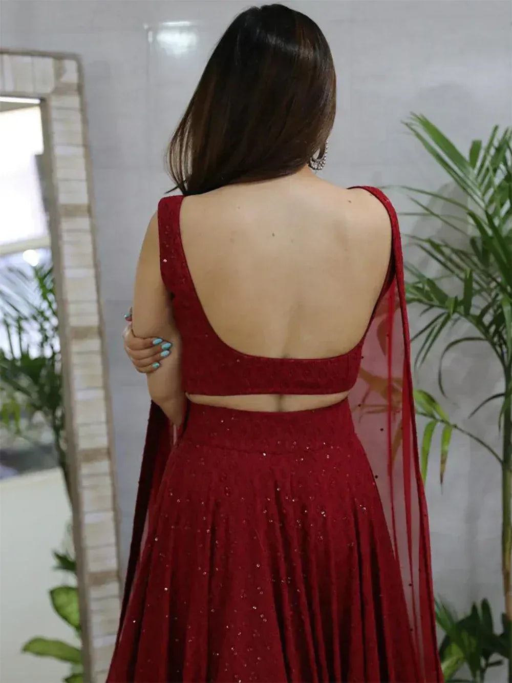 Tulsi Art Lovely Maroon Sequins Georgette Wedding Lehenga Choli With Dupatta | Grocsy