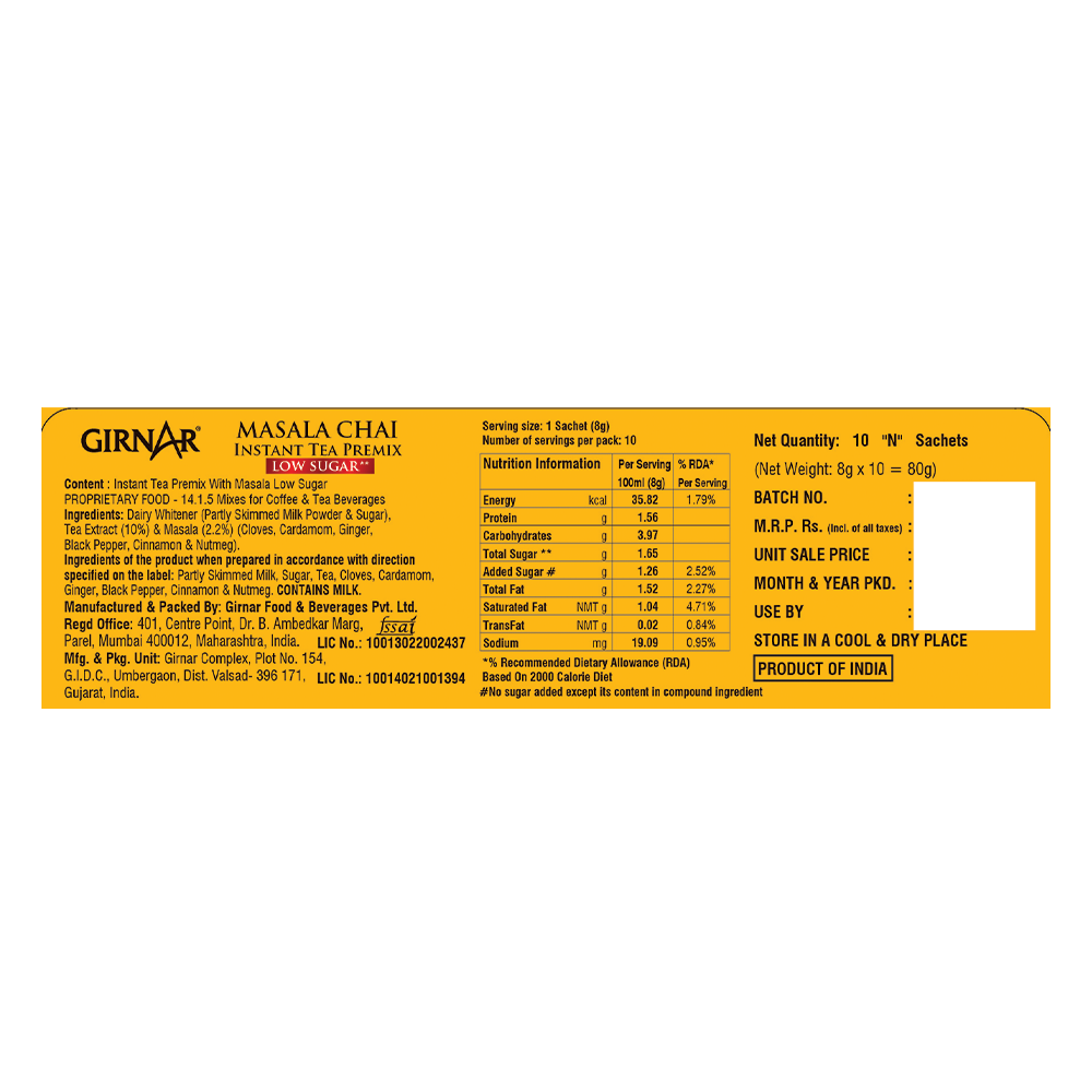 Girnar Instant Tea Premix With Masala (Low Sugar) | Grocsy