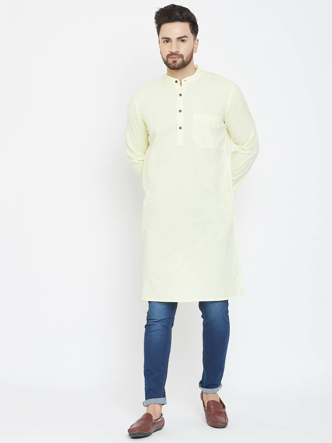 Even Apparels Yellow Color Men's Pure Cotton Kurta With Band Collar | Grocsy