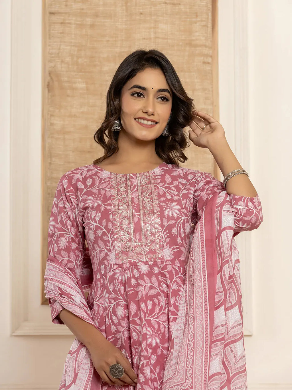 Yufta Mauve Floral Print Anarkali Style Kurta And Trousers With Dupatta Set | Grocsy