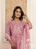 Yufta Mauve Floral Print Anarkali Style Kurta And Trousers With Dupatta Set | Grocsy