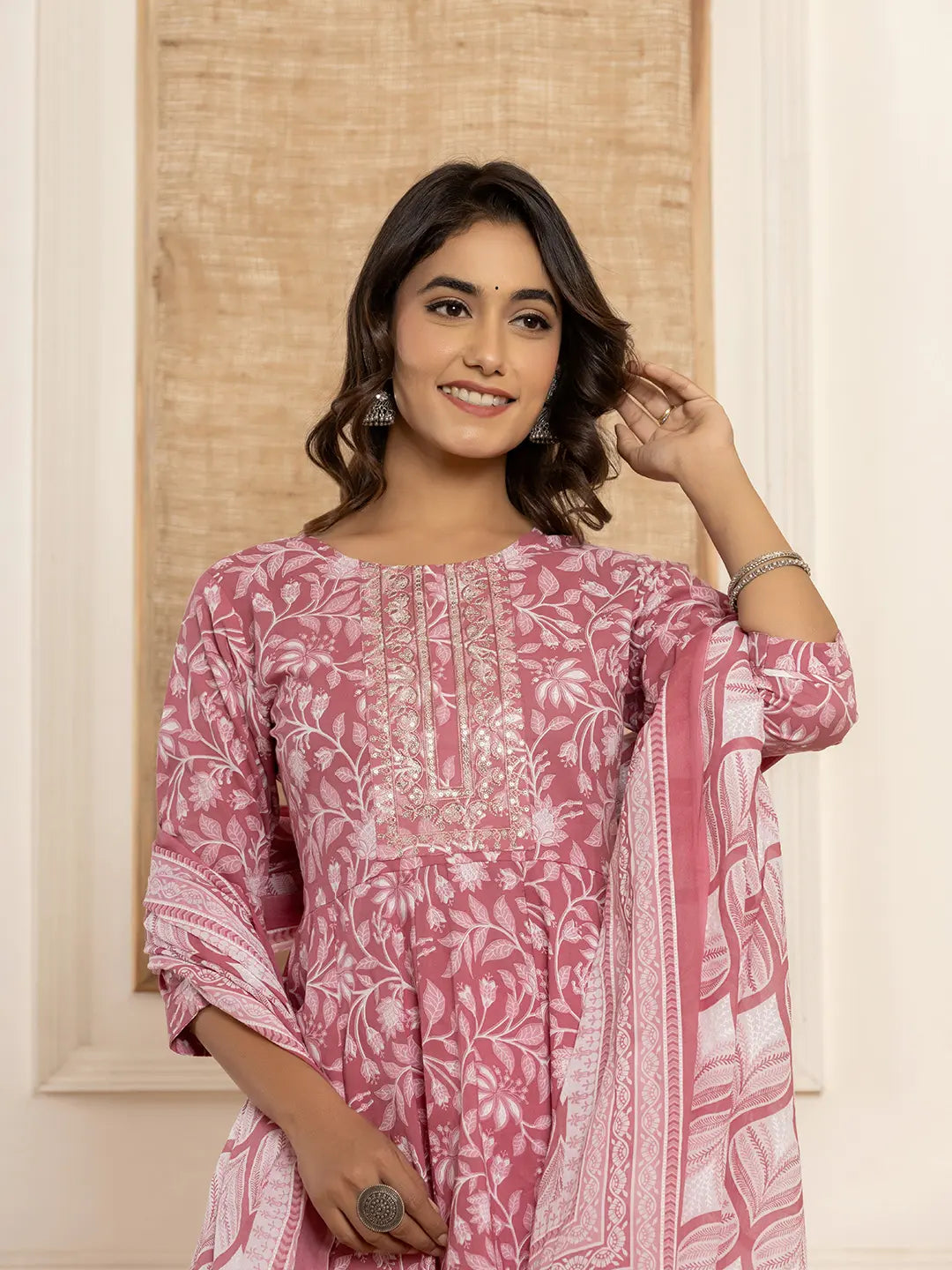 Yufta Mauve Floral Print Anarkali Style Kurta And Trousers With Dupatta Set | Grocsy