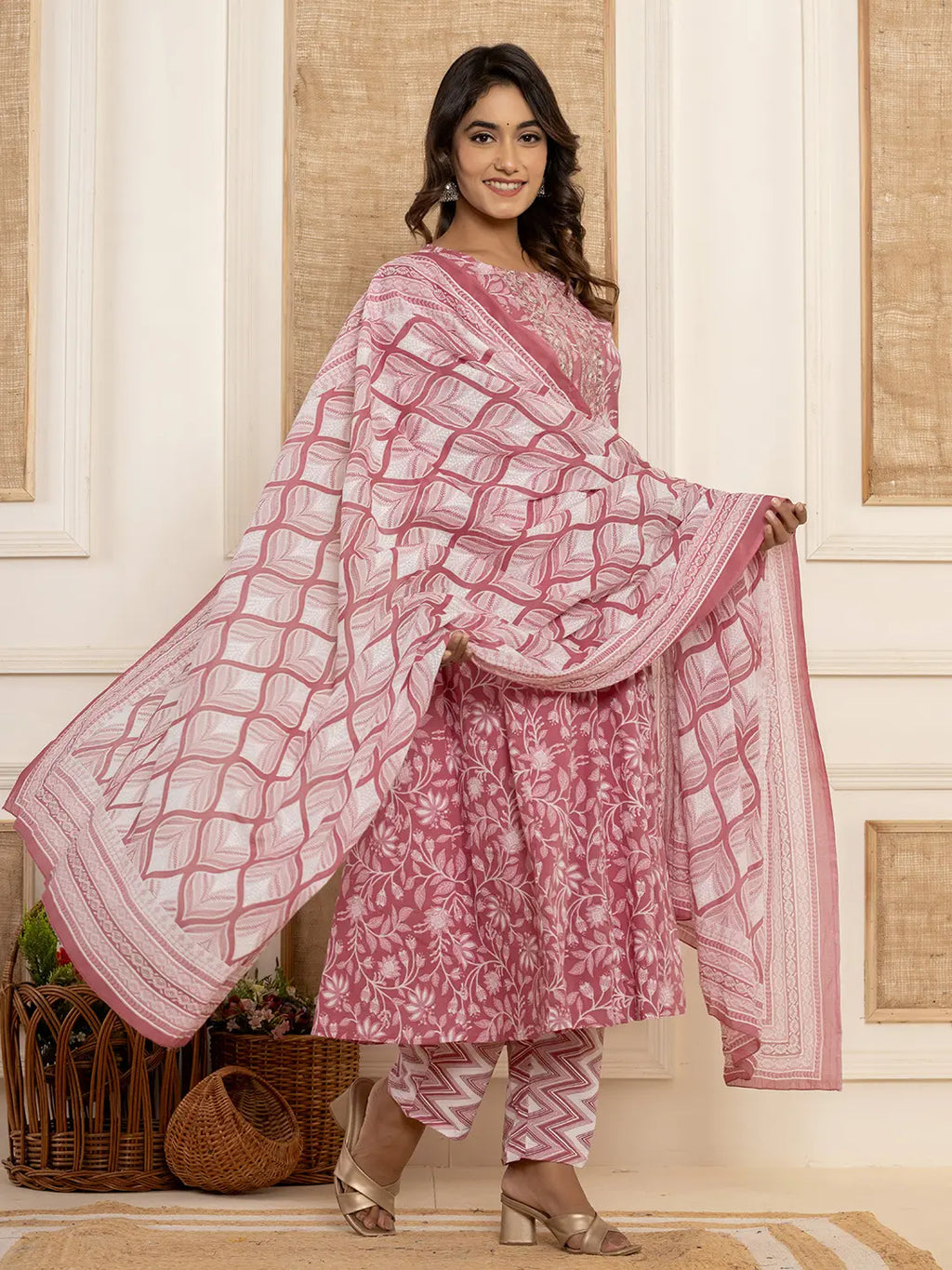 Yufta Mauve Floral Print Anarkali Style Kurta And Trousers With Dupatta Set | Grocsy