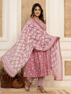 Yufta Mauve Floral Print Anarkali Style Kurta And Trousers With Dupatta Set | Grocsy