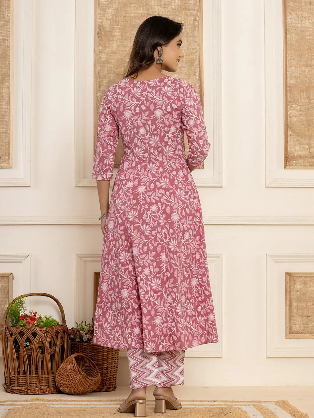Yufta Mauve Floral Print Anarkali Style Kurta And Trousers With Dupatta Set | Grocsy