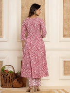 Yufta Mauve Floral Print Anarkali Style Kurta And Trousers With Dupatta Set | Grocsy
