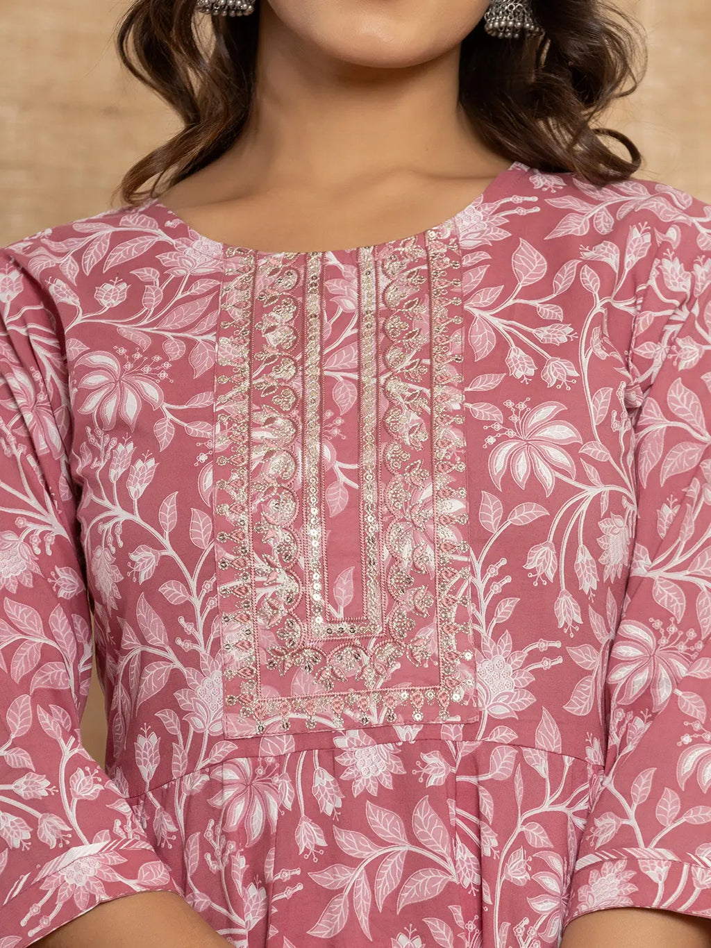 Yufta Mauve Floral Print Anarkali Style Kurta And Trousers With Dupatta Set | Grocsy
