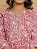 Yufta Mauve Floral Print Anarkali Style Kurta And Trousers With Dupatta Set | Grocsy