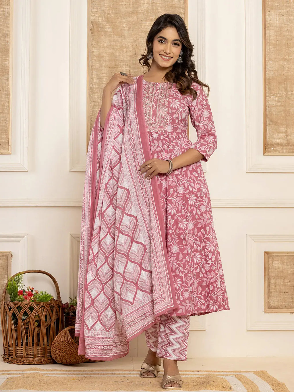 Yufta Mauve Floral Print Anarkali Style Kurta And Trousers With Dupatta Set | Grocsy