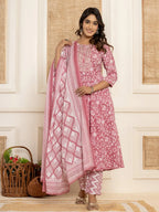 Yufta Mauve Floral Print Anarkali Style Kurta And Trousers With Dupatta Set | Grocsy