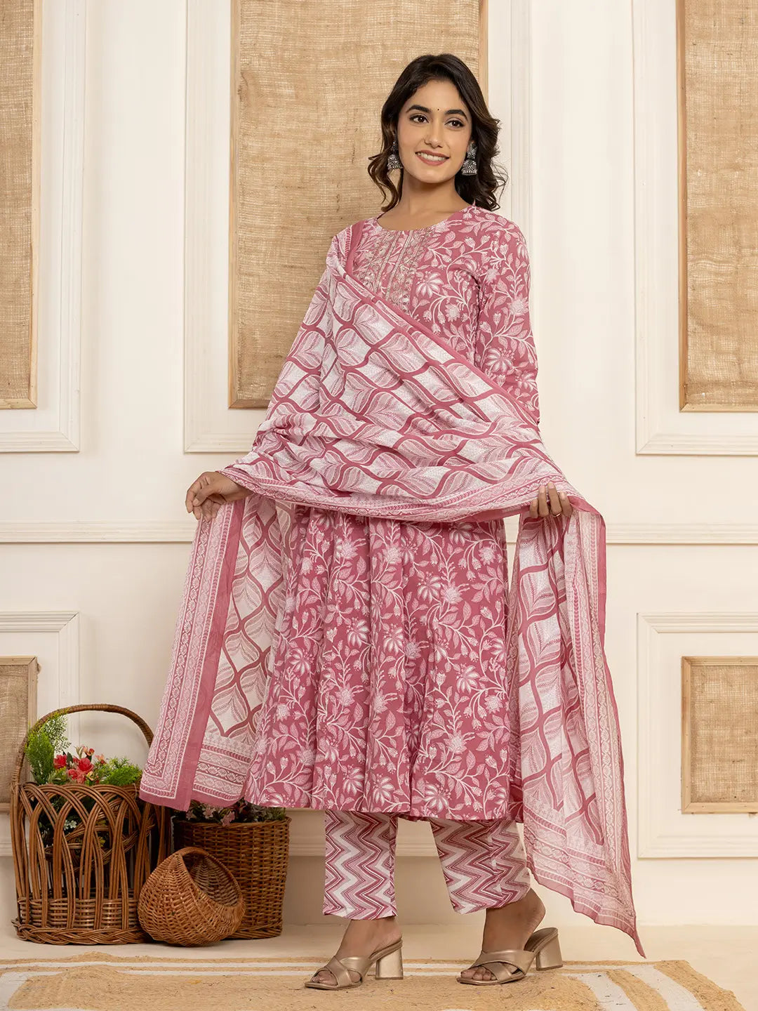 Yufta Mauve Floral Print Anarkali Style Kurta And Trousers With Dupatta Set | Grocsy
