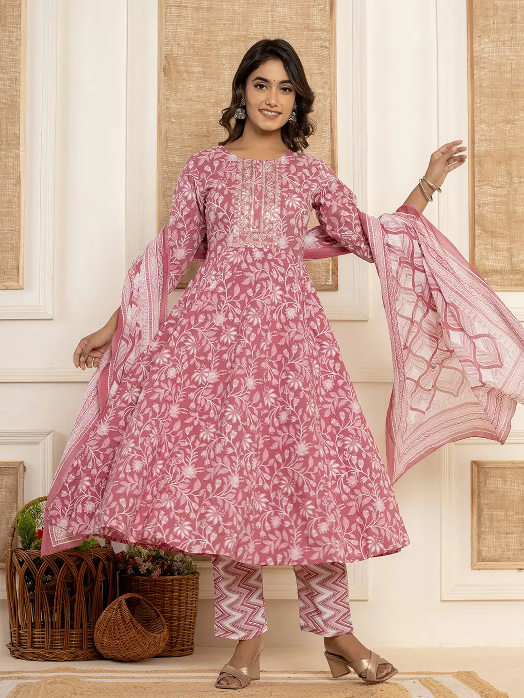Yufta Mauve Floral Print Anarkali Style Kurta And Trousers With Dupatta Set | Grocsy