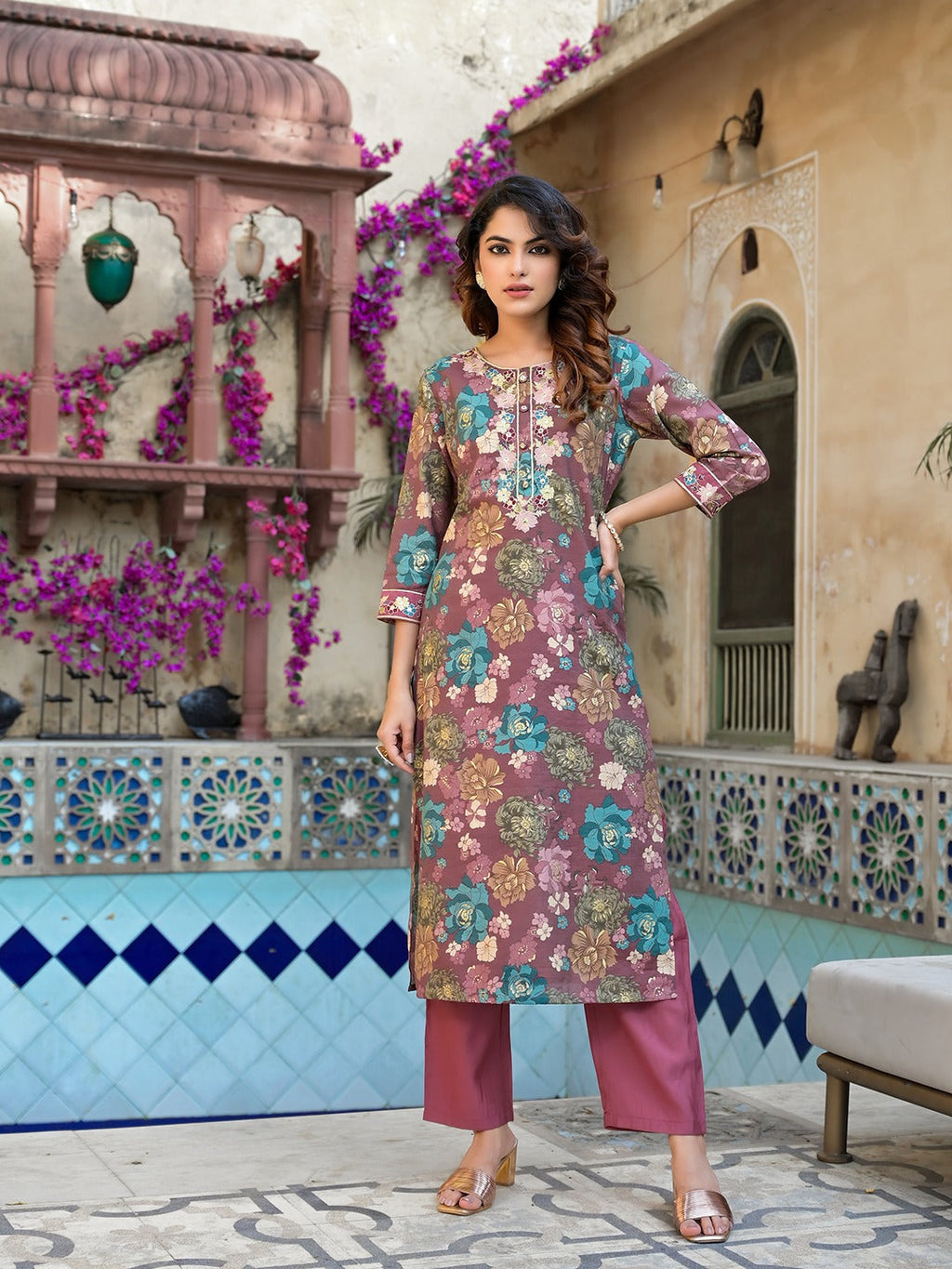 Yufta Mauve Floral,Thread_Work Kurta Trouser Set | Grocsy