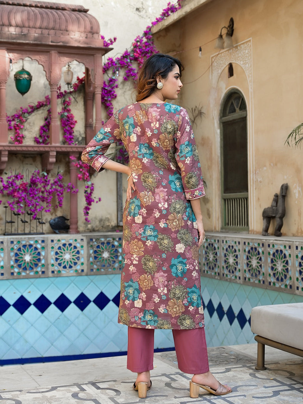 Yufta Mauve Floral,Thread_Work Kurta Trouser Set | Grocsy