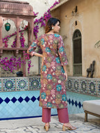 Yufta Mauve Floral,Thread_Work Kurta Trouser Set | Grocsy