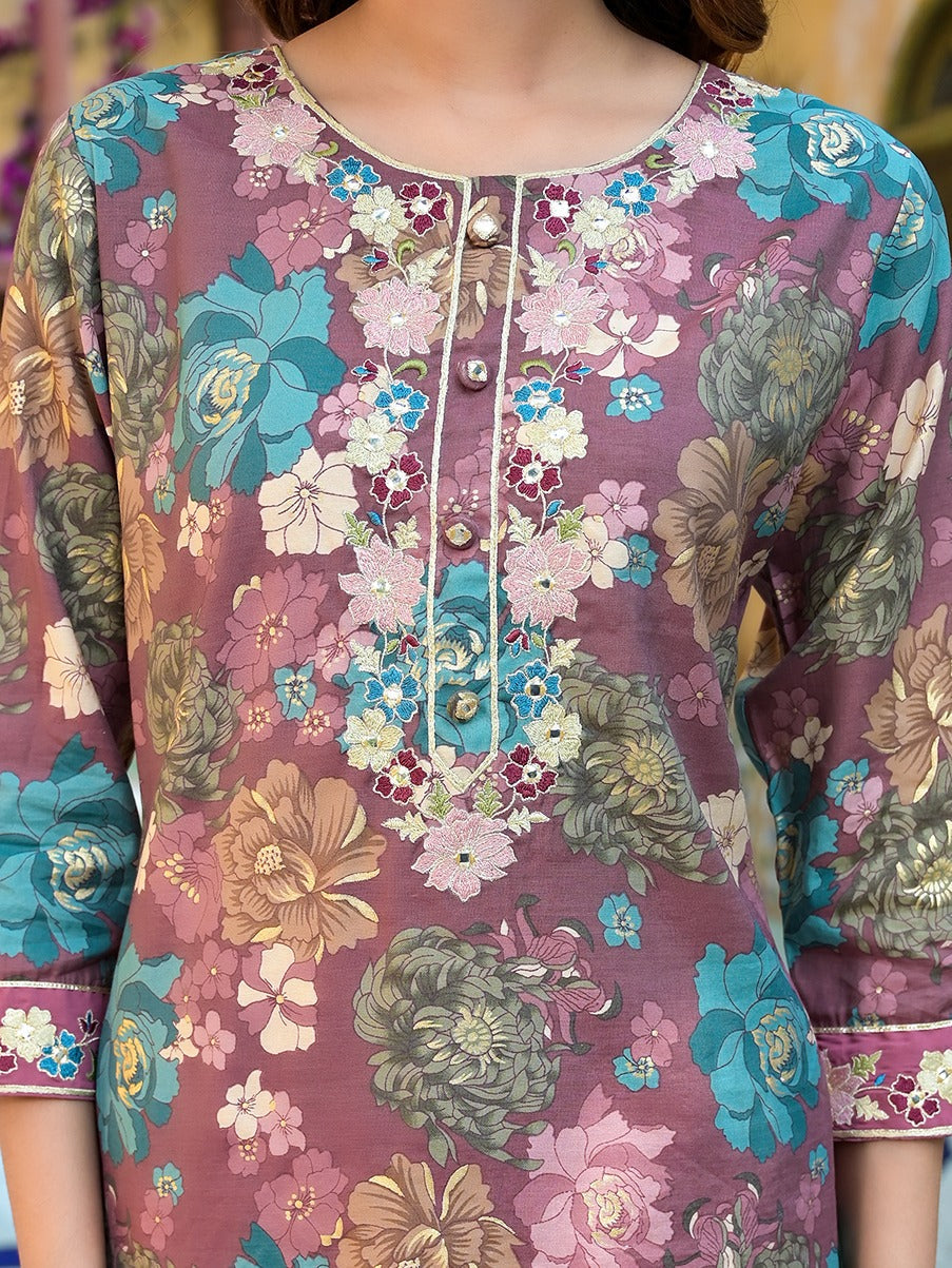 Yufta Mauve Floral,Thread_Work Kurta Trouser Set | Grocsy