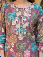 Yufta Mauve Floral,Thread_Work Kurta Trouser Set | Grocsy