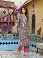 Yufta Mauve Floral,Thread_Work Kurta Trouser Set | Grocsy