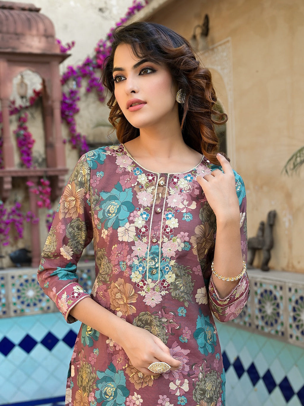 Yufta Mauve Floral,Thread_Work Kurta Trouser Set | Grocsy