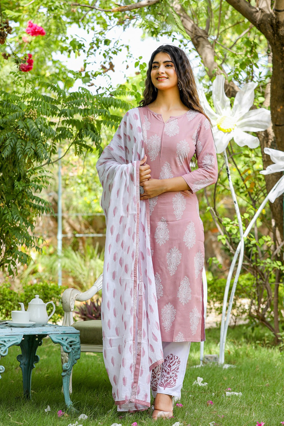 Yufta Mauve & Off White Printed Dupatta Set | Grocsy