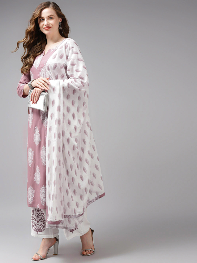 Yufta Mauve & Offwhite Printed Dupatta Set | Grocsy