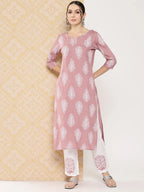 Yufta Mauve Women Ethnic Motifs Printed Regular Kurta with Trousers | Grocsy