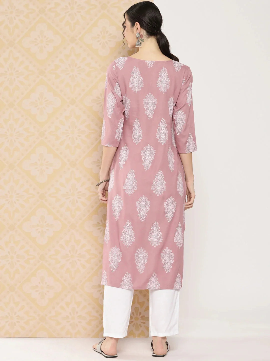 Yufta Mauve Women Ethnic Motifs Printed Regular Kurta with Trousers | Grocsy