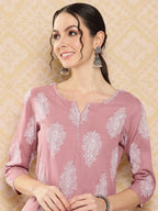 Yufta Mauve Women Ethnic Motifs Printed Regular Kurta with Trousers | Grocsy