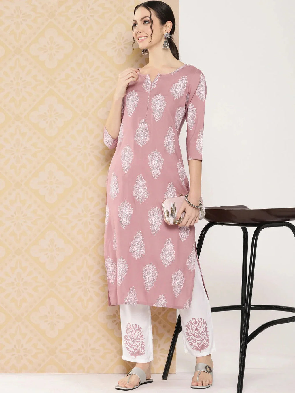 Yufta Mauve Women Ethnic Motifs Printed Regular Kurta with Trousers | Grocsy