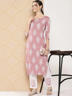 Yufta Mauve Women Ethnic Motifs Printed Regular Kurta with Trousers | Grocsy