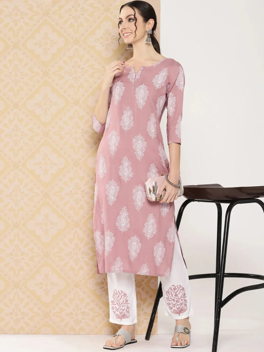 Yufta Mauve Women Ethnic Motifs Printed Regular Kurta with Trousers | Grocsy