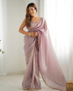 Lorenvalley Ready to wear Gold Crush Tissue Silk Fabric Fancy Boarder Premium Lace Work Predrapped Saree | Grocsy